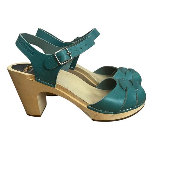 Swedish Hasbeens Shoes - Swedish Hasbeens Toffel Leather Peep Toe Wooded Heeled Sandal Size 36EU